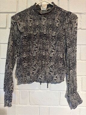 Anthropologie Black and Cream Mock Neck Animal-Print Blouse